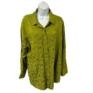 Rachel‎ Zoe Women XL Green Shirt Button Coquette Preppy Metallic Artsy Colorful
